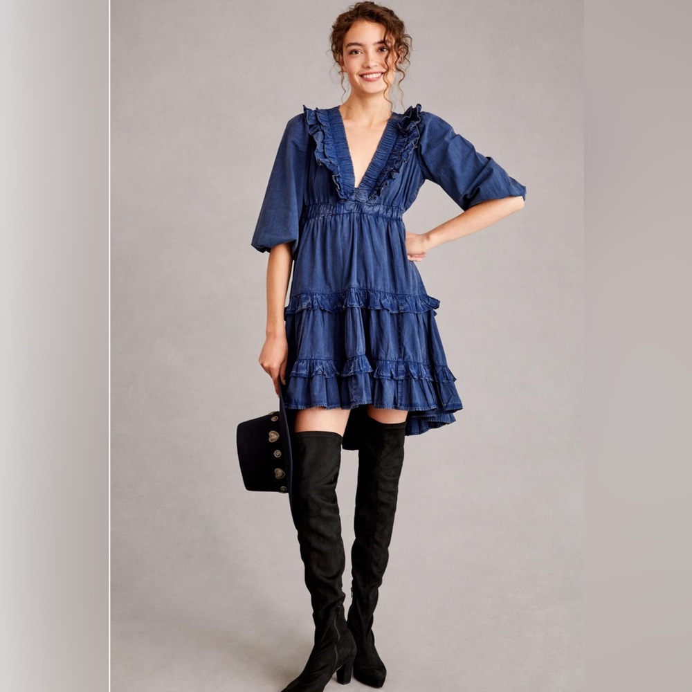 Anthropologie Pilcro ruffled v-neck denim dress sz Xs - Picture 2 of 3